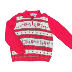 Alfred Dunner Embroidered Striped Cottagecore Quarter Zip Sweater